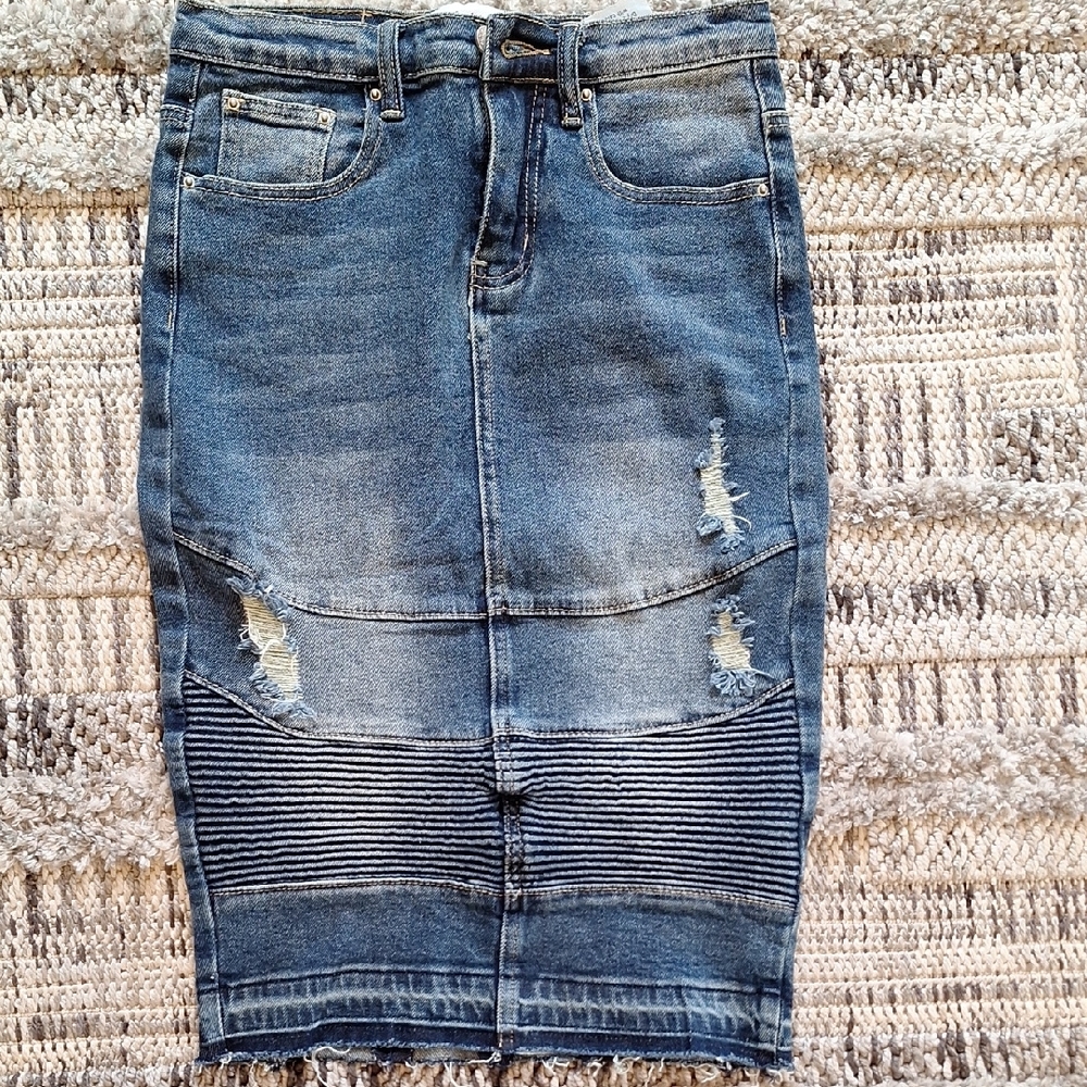 Distressed Denim Skirt with Striped Detail